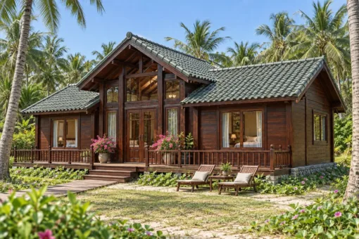 Nhà gỗ homestay S92 – khối giữa đầu hồi kính, hai cánh phòng thấp, hiên lan can phía trước