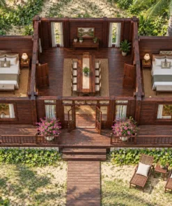 Nhà gỗ homestay S92 nhìn từ trên – bàn ăn dài ở gian giữa, hai phòng giường đôi hai bên