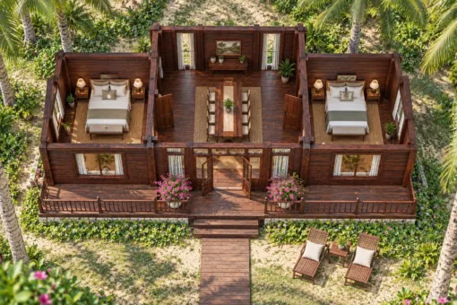 Nhà gỗ homestay S92 nhìn từ trên – bàn ăn dài ở gian giữa, hai phòng giường đôi hai bên