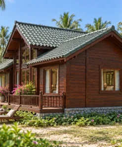 Nhà gỗ homestay S92 – góc bên, mái cánh phòng thấp nối vào khối giữa, chân nhà xây đá