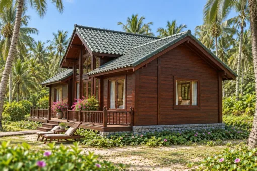 Nhà gỗ homestay S92 – góc bên, mái cánh phòng thấp nối vào khối giữa, chân nhà xây đá