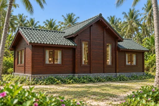 Nhà gỗ homestay S92 – mặt sau, ô cửa đứng hẹp ở khối giữa, cửa sổ hai cánh phòng