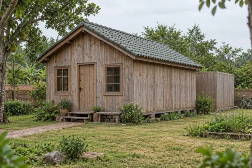 Nhà Gỗ Homestay S93 - Hiên Sau Quây Vách Có Bồn Tắm Gỗ, Gỗ Thông Màu Vintage Nhà gỗ homestay S93 – đầu hồi trước có cửa đi, bậc gỗ và hai cửa sổ, nhà kê trên chân cột