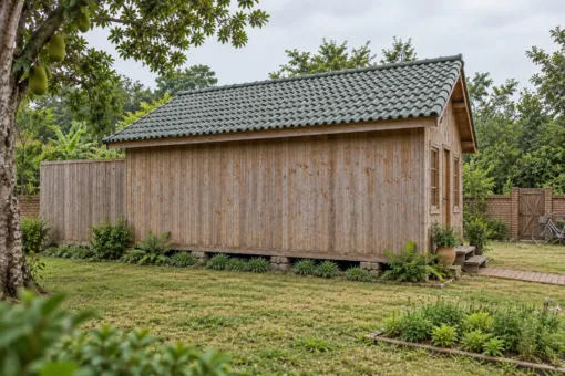 Nhà Gỗ Homestay S93 - Hiên Sau Quây Vách Có Bồn Tắm Gỗ, Gỗ Thông Màu Vintage Nhà gỗ homestay S93 – mặt dài vách trơn không trổ cửa, vách quây sân phía sau