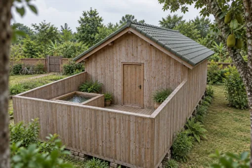 Nhà Gỗ Homestay S93 - Hiên Sau Quây Vách Có Bồn Tắm Gỗ, Gỗ Thông Màu Vintage Nhà gỗ homestay S93 – góc sau, sân sàn quây vách ván cao, bồn tắm gỗ vuông bên trong