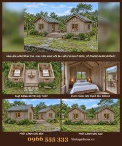 Nhà Gỗ Homestay S94 - Hai Căn Nhỏ Nối Sàn Gỗ Chung Ở Giữa, Gỗ Thông Màu Vintage