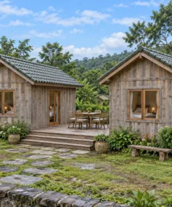 Nhà Gỗ Homestay S94 - Hai Căn Nhỏ Nối Sàn Gỗ Chung Ở Giữa, Gỗ Thông Màu Vintage