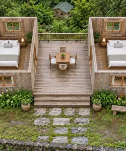 Nhà Gỗ Homestay S94 - Hai Căn Nhỏ Nối Sàn Gỗ Chung Ở Giữa, Gỗ Thông Màu Vintage