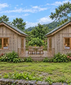 Nhà Gỗ Homestay S94 - Hai Căn Nhỏ Nối Sàn Gỗ Chung Ở Giữa, Gỗ Thông Màu Vintage