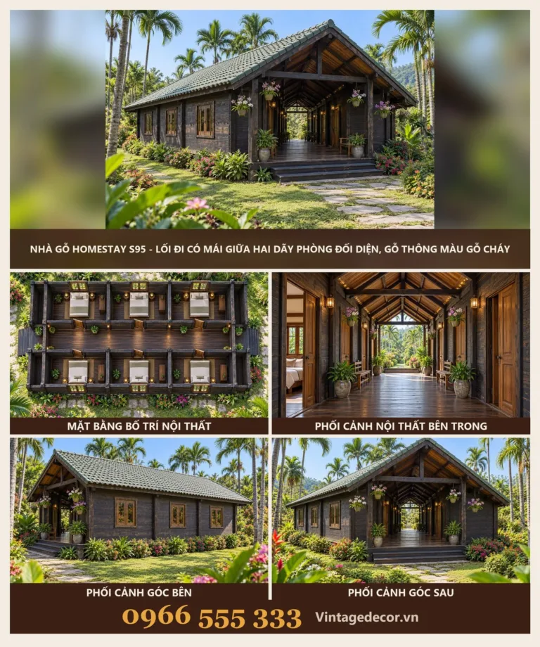 Nhà Gỗ Homestay S95 – Lối Đi Có Mái Giữa Hai Dãy Phòng Đối Diện, Gỗ Thông Màu Gỗ Cháy