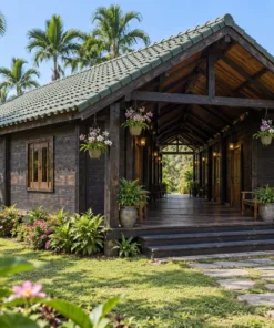 Nhà Gỗ Homestay S95 - Lối Đi Có Mái Giữa Hai Dãy Phòng Đối Diện, Gỗ Thông Màu Gỗ Cháy