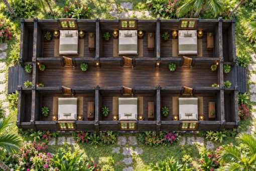 Nhà Gỗ Homestay S95 - Lối Đi Có Mái Giữa Hai Dãy Phòng Đối Diện, Gỗ Thông Màu Gỗ Cháy Nhà Gỗ Homestay S95 - Lối Đi Có Mái Giữa Hai Dãy Phòng Đối Diện, Gỗ Thông Màu Gỗ Cháy