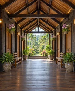 Nhà Gỗ Homestay S95 - Lối Đi Có Mái Giữa Hai Dãy Phòng Đối Diện, Gỗ Thông Màu Gỗ Cháy