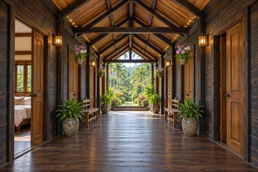 Nhà Gỗ Homestay S95 - Lối Đi Có Mái Giữa Hai Dãy Phòng Đối Diện, Gỗ Thông Màu Gỗ Cháy Nhà Gỗ Homestay S95 - Lối Đi Có Mái Giữa Hai Dãy Phòng Đối Diện, Gỗ Thông Màu Gỗ Cháy