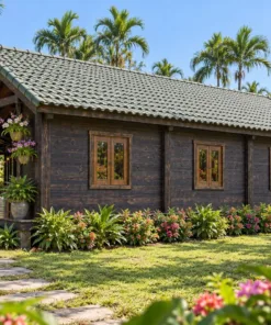 Nhà Gỗ Homestay S95 - Lối Đi Có Mái Giữa Hai Dãy Phòng Đối Diện, Gỗ Thông Màu Gỗ Cháy