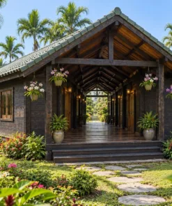 Nhà Gỗ Homestay S95 - Lối Đi Có Mái Giữa Hai Dãy Phòng Đối Diện, Gỗ Thông Màu Gỗ Cháy