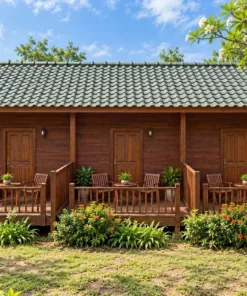 Nhà Gỗ Homestay S96 - Ba Phòng Mỗi Phòng Sân Sau Rào Gỗ Riêng, Gỗ Thông Màu Nâu Đỏ