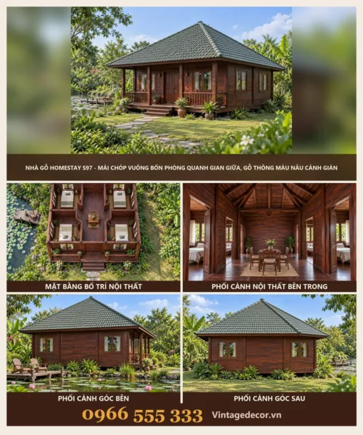 Nhà Gỗ Homestay S97 - Mái Chóp Vuông Bốn Phòng Quanh Gian Giữa, Gỗ Thông Màu Nâu Cánh Gián Nhà Gỗ Homestay S97 - Mái Chóp Vuông Bốn Phòng Quanh Gian Giữa, Gỗ Thông Màu Nâu Cánh Gián