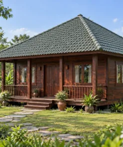 Nhà Gỗ Homestay S97 - Mái Chóp Vuông Bốn Phòng Quanh Gian Giữa, Gỗ Thông Màu Nâu Cánh Gián