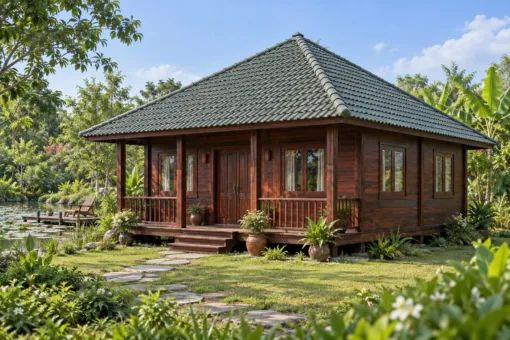 Nhà Gỗ Homestay S97 - Mái Chóp Vuông Bốn Phòng Quanh Gian Giữa, Gỗ Thông Màu Nâu Cánh Gián Nhà Gỗ Homestay S97 - Mái Chóp Vuông Bốn Phòng Quanh Gian Giữa, Gỗ Thông Màu Nâu Cánh Gián
