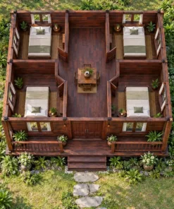 Nhà Gỗ Homestay S97 - Mái Chóp Vuông Bốn Phòng Quanh Gian Giữa, Gỗ Thông Màu Nâu Cánh Gián