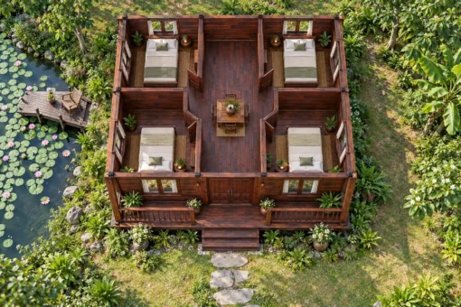 Nhà Gỗ Homestay S97 - Mái Chóp Vuông Bốn Phòng Quanh Gian Giữa, Gỗ Thông Màu Nâu Cánh Gián Nhà Gỗ Homestay S97 - Mái Chóp Vuông Bốn Phòng Quanh Gian Giữa, Gỗ Thông Màu Nâu Cánh Gián