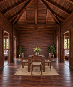 Nhà Gỗ Homestay S97 - Mái Chóp Vuông Bốn Phòng Quanh Gian Giữa, Gỗ Thông Màu Nâu Cánh Gián