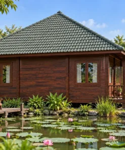 Nhà Gỗ Homestay S97 - Mái Chóp Vuông Bốn Phòng Quanh Gian Giữa, Gỗ Thông Màu Nâu Cánh Gián