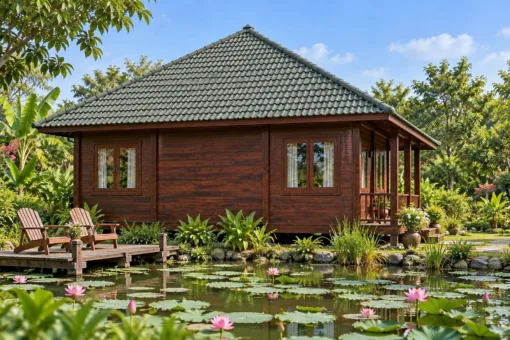 Nhà Gỗ Homestay S97 - Mái Chóp Vuông Bốn Phòng Quanh Gian Giữa, Gỗ Thông Màu Nâu Cánh Gián Nhà Gỗ Homestay S97 - Mái Chóp Vuông Bốn Phòng Quanh Gian Giữa, Gỗ Thông Màu Nâu Cánh Gián