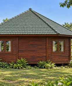 Nhà Gỗ Homestay S97 - Mái Chóp Vuông Bốn Phòng Quanh Gian Giữa, Gỗ Thông Màu Nâu Cánh Gián