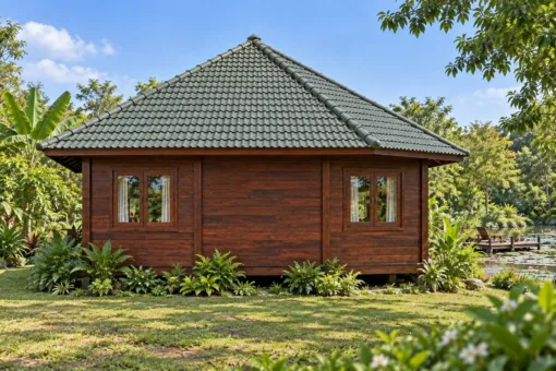 Nhà Gỗ Homestay S97 - Mái Chóp Vuông Bốn Phòng Quanh Gian Giữa, Gỗ Thông Màu Nâu Cánh Gián Nhà Gỗ Homestay S97 - Mái Chóp Vuông Bốn Phòng Quanh Gian Giữa, Gỗ Thông Màu Nâu Cánh Gián