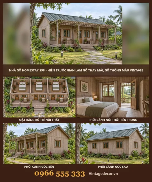 Nhà Gỗ Homestay S98 - Hiên Trước Giàn Lam Gỗ Thay Mái, Gỗ Thông Màu Vintage Nhà Gỗ Homestay S98 - Hiên Trước Giàn Lam Gỗ Thay Mái, Gỗ Thông Màu Vintage