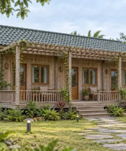 Nhà Gỗ Homestay S98 - Hiên Trước Giàn Lam Gỗ Thay Mái, Gỗ Thông Màu Vintage