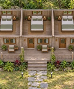 Nhà Gỗ Homestay S98 - Hiên Trước Giàn Lam Gỗ Thay Mái, Gỗ Thông Màu Vintage