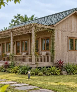 Nhà Gỗ Homestay S98 - Hiên Trước Giàn Lam Gỗ Thay Mái, Gỗ Thông Màu Vintage