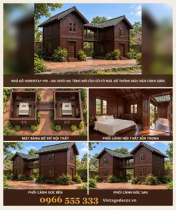 Nhà Gỗ Homestay S99 - Hai Khối Hai Tầng Nối Cầu Gỗ Có Mái, Gỗ Thông Màu Nâu Cánh Gián