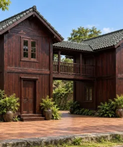 Nhà Gỗ Homestay S99 - Hai Khối Hai Tầng Nối Cầu Gỗ Có Mái, Gỗ Thông Màu Nâu Cánh Gián