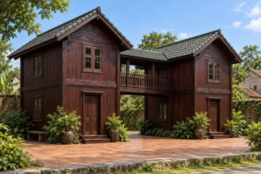Nhà Gỗ Homestay S99 - Hai Khối Hai Tầng Nối Cầu Gỗ Có Mái, Gỗ Thông Màu Nâu Cánh Gián Nhà Gỗ Homestay S99 - Hai Khối Hai Tầng Nối Cầu Gỗ Có Mái, Gỗ Thông Màu Nâu Cánh Gián