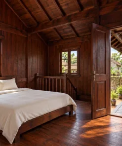 Nhà Gỗ Homestay S99 - Hai Khối Hai Tầng Nối Cầu Gỗ Có Mái, Gỗ Thông Màu Nâu Cánh Gián