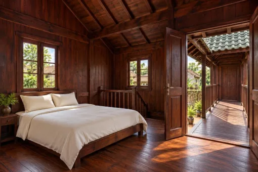 Nhà Gỗ Homestay S99 - Hai Khối Hai Tầng Nối Cầu Gỗ Có Mái, Gỗ Thông Màu Nâu Cánh Gián Nhà Gỗ Homestay S99 - Hai Khối Hai Tầng Nối Cầu Gỗ Có Mái, Gỗ Thông Màu Nâu Cánh Gián
