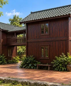 Nhà Gỗ Homestay S99 - Hai Khối Hai Tầng Nối Cầu Gỗ Có Mái, Gỗ Thông Màu Nâu Cánh Gián