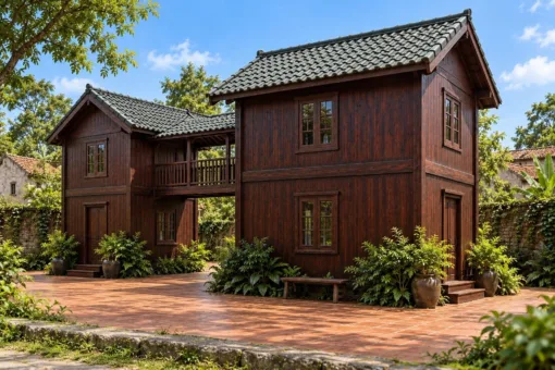 Nhà Gỗ Homestay S99 - Hai Khối Hai Tầng Nối Cầu Gỗ Có Mái, Gỗ Thông Màu Nâu Cánh Gián Nhà Gỗ Homestay S99 - Hai Khối Hai Tầng Nối Cầu Gỗ Có Mái, Gỗ Thông Màu Nâu Cánh Gián