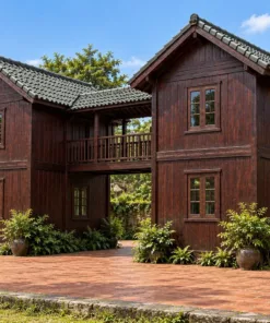 Nhà Gỗ Homestay S99 - Hai Khối Hai Tầng Nối Cầu Gỗ Có Mái, Gỗ Thông Màu Nâu Cánh Gián