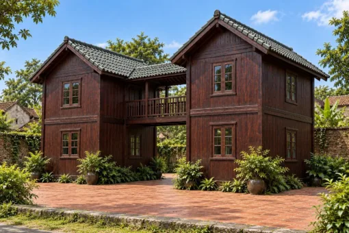 Nhà Gỗ Homestay S99 - Hai Khối Hai Tầng Nối Cầu Gỗ Có Mái, Gỗ Thông Màu Nâu Cánh Gián Nhà Gỗ Homestay S99 - Hai Khối Hai Tầng Nối Cầu Gỗ Có Mái, Gỗ Thông Màu Nâu Cánh Gián