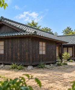 Nhà Gỗ Nhật Bản J100 - Mặt Bằng Chữ U Ôm Sân Đá Ở Giữa, Gỗ Thông Màu Gỗ Cháy
