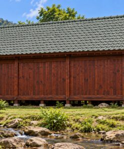 Nhà Gỗ Nhật Bản J101 - Gác Lửng Cửa Sổ Đầu Hồi Mái Hai Dốc Thẳng, Gỗ Thông Màu Nâu Đỏ