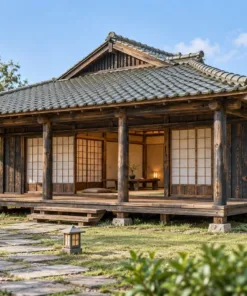 Nhà gỗ Nhật J102 – mái irimoya chìa sâu trên năm cột tròn, sàn gỗ rộng, đèn đá