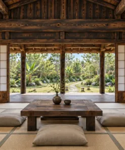 Nhà gỗ Nhật J102 – bên trong nhìn ra hiên qua hàng cột tròn, bốn đệm quanh bàn