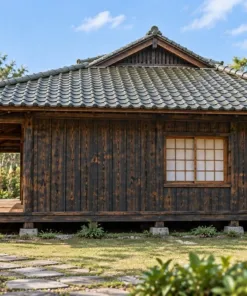 Nhà gỗ Nhật J102 – đầu hồi gỗ cháy một cửa sổ, hiên cột tròn bên trái
