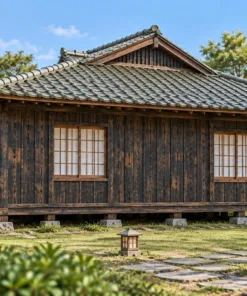 Nhà gỗ Nhật J102 – mặt sau hai cửa sổ ô lưới, nhà kê trên chân đá